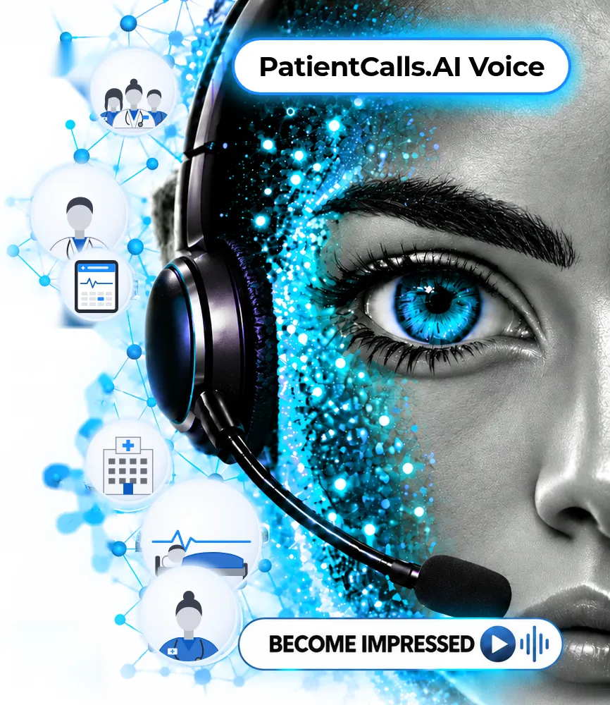 PatientCalls.AI Voice: AI voice receptionist wearing a headset, surrounded by a network of doctors, nurses, patients and medical tablets
